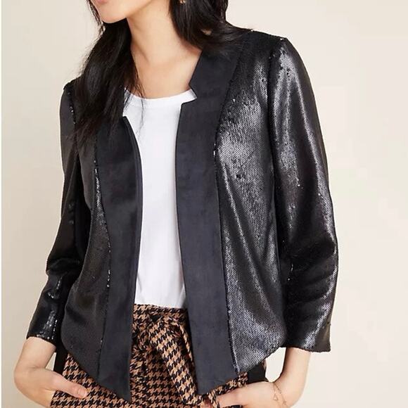 Anthropologie Shonda Sequined Black Cropped Bolero Jacket women’s size medium - Picture 1 of 14